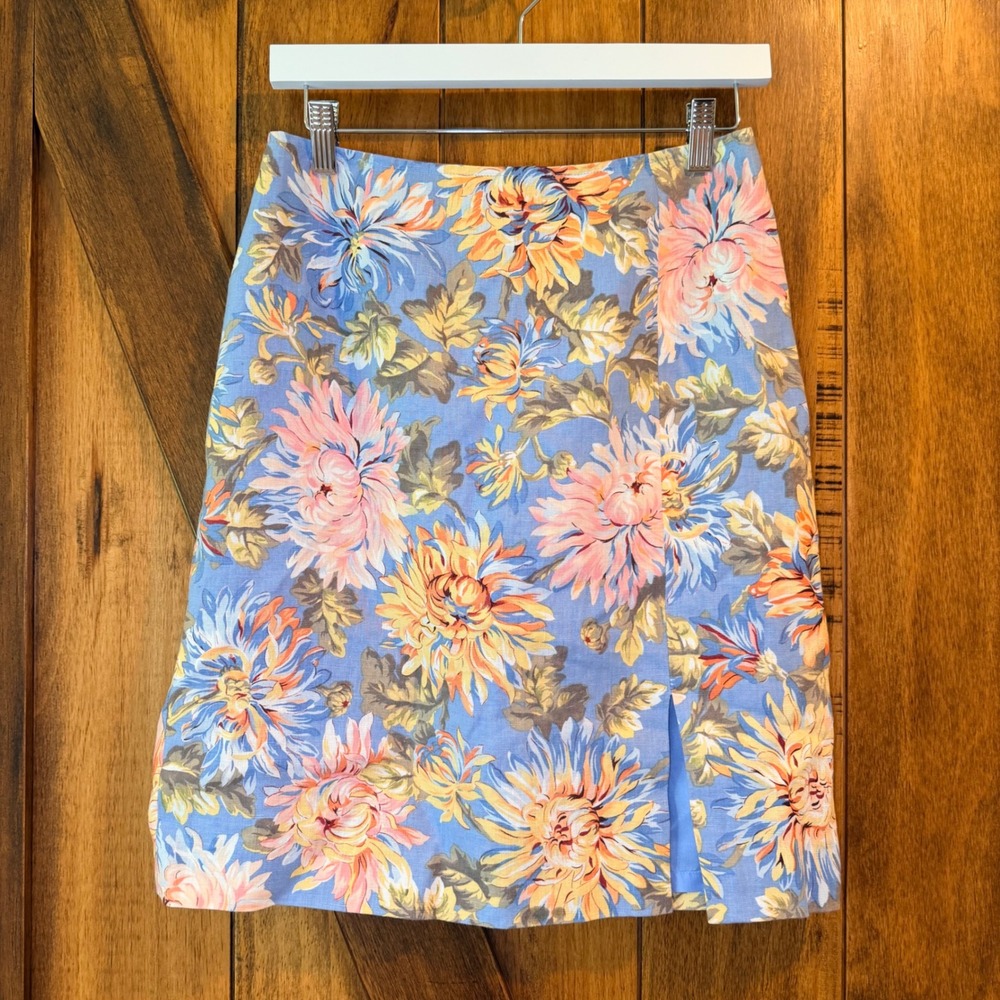 Talbots Petites Floral A Line Skirt Size 6P Blue Pink Yellow Slit Hidden Zipper